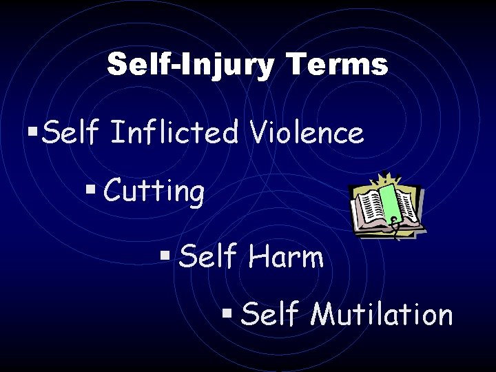 Self-Injury Terms §Self Inflicted Violence § Cutting § Self Harm § Self Mutilation Self-Injury Terms §Self Inflicted Violence § Cutting § Self Harm § Self Mutilation