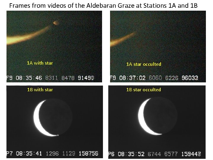 Frames from videos of the Aldebaran Graze at Stations 1 A and 1 B