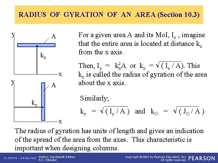 RADIUS OF GYRATION OF AN AREA (Section 10. 3) y For a given area