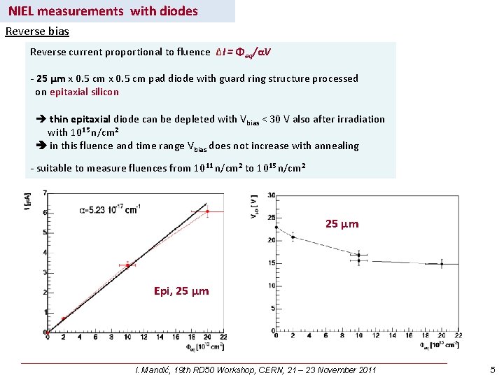 NIEL measurements with diodes Reverse bias Reverse current proportional to fluence ΔI = Φeq/αV