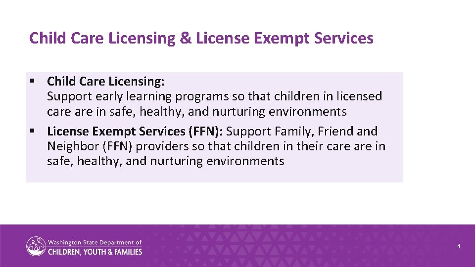Child Care Licensing & License Exempt Services § Child Care Licensing: Support early learning