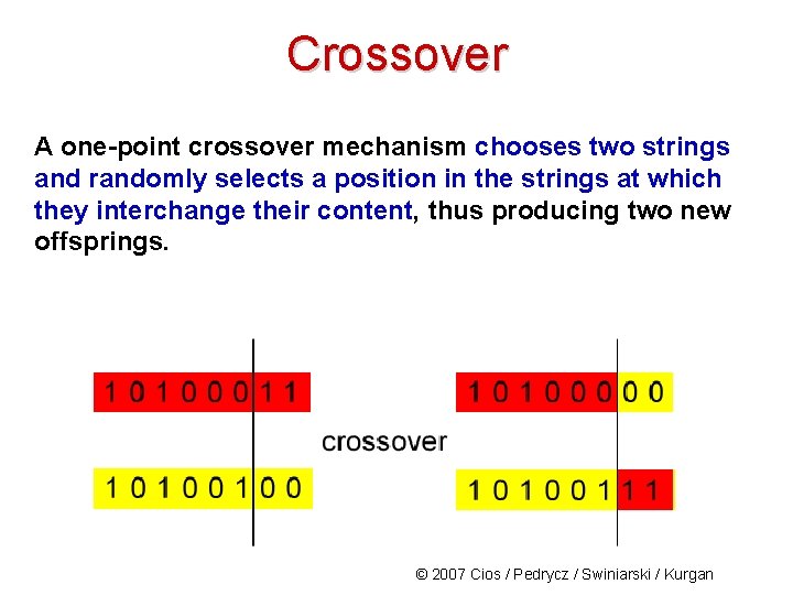Crossover A one-point crossover mechanism chooses two strings and randomly selects a position in
