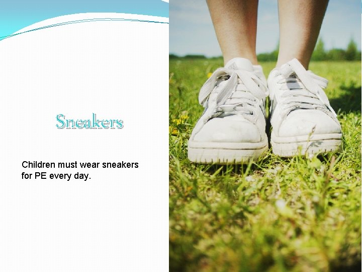 Sneakers Children must wear sneakers for PE every day. 