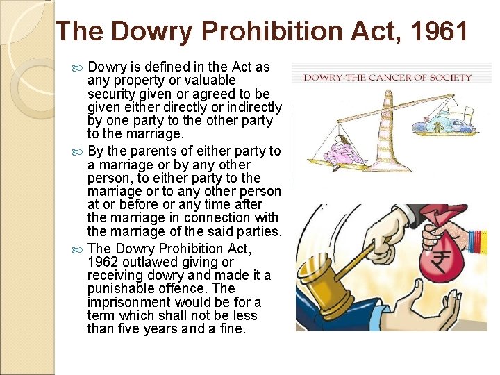 The Dowry Prohibition Act, 1961 Dowry is defined in the Act as any property