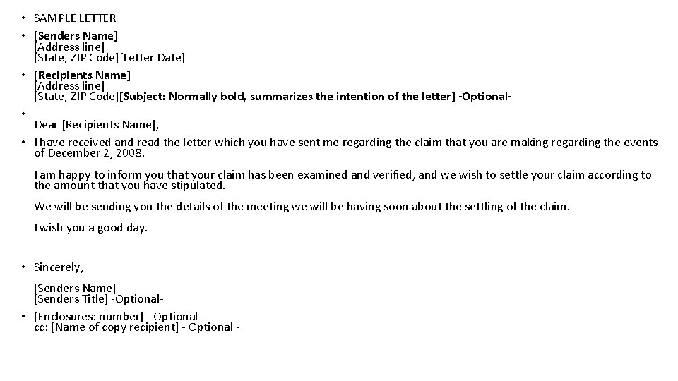  • SAMPLE LETTER • [Senders Name] [Address line] [State, ZIP Code][Letter Date] •