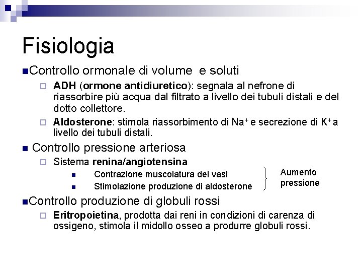 Fisiologia n. Controllo ¨ ¨ n ormonale di volume e soluti ADH (ormone antidiuretico):