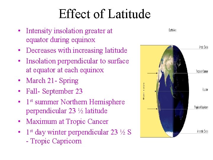 Effect of Latitude • Intensity insolation greater at equator during equinox • Decreases with