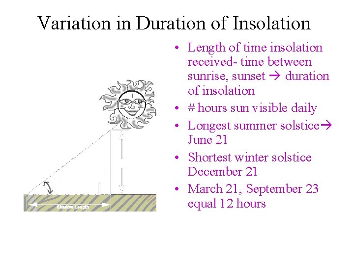 Variation in Duration of Insolation • Length of time insolation received- time between sunrise,