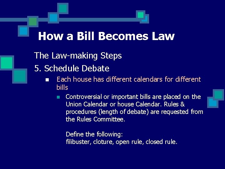 How a Bill Becomes Law The Law-making Steps 5. Schedule Debate n Each house