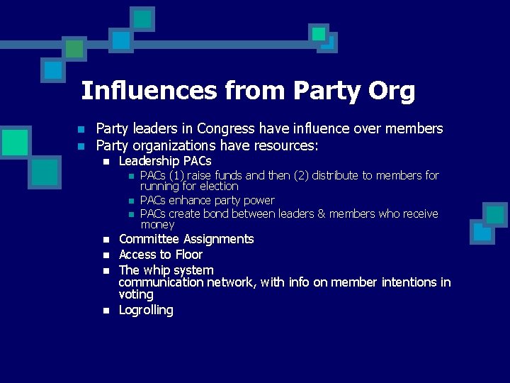 Influences from Party Org n n Party leaders in Congress have influence over members