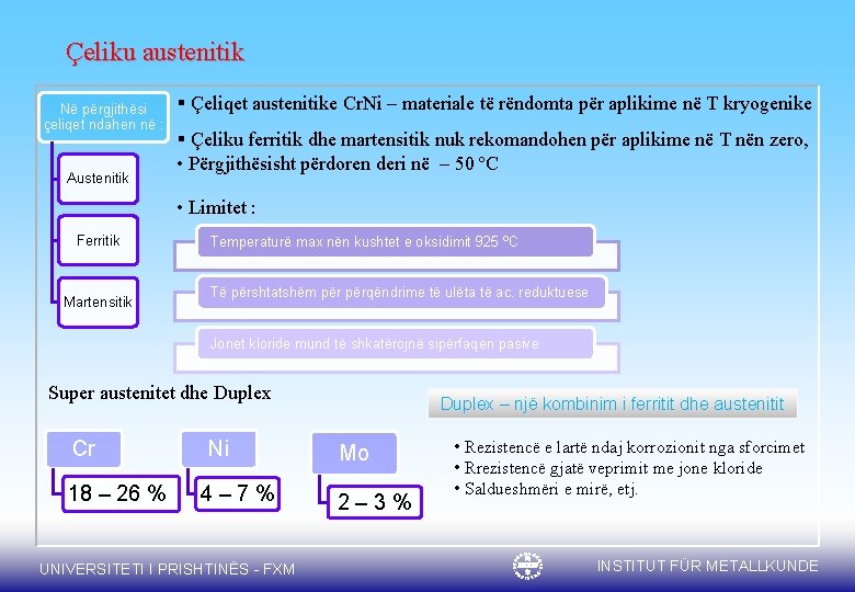 Çeliku austenitik Në përgjithësi çeliqet ndahen në : Austenitik § Çeliqet austenitike Cr. Ni