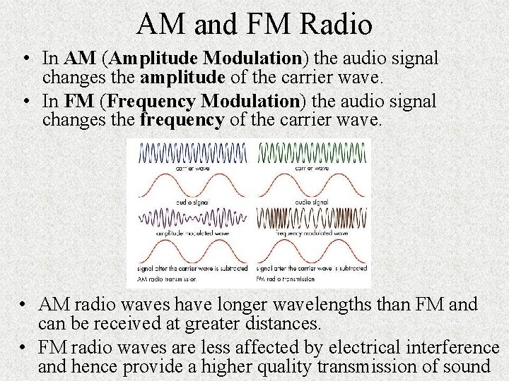 AM and FM Radio • In AM (Amplitude Modulation) the audio signal changes the AM and FM Radio • In AM (Amplitude Modulation) the audio signal changes the