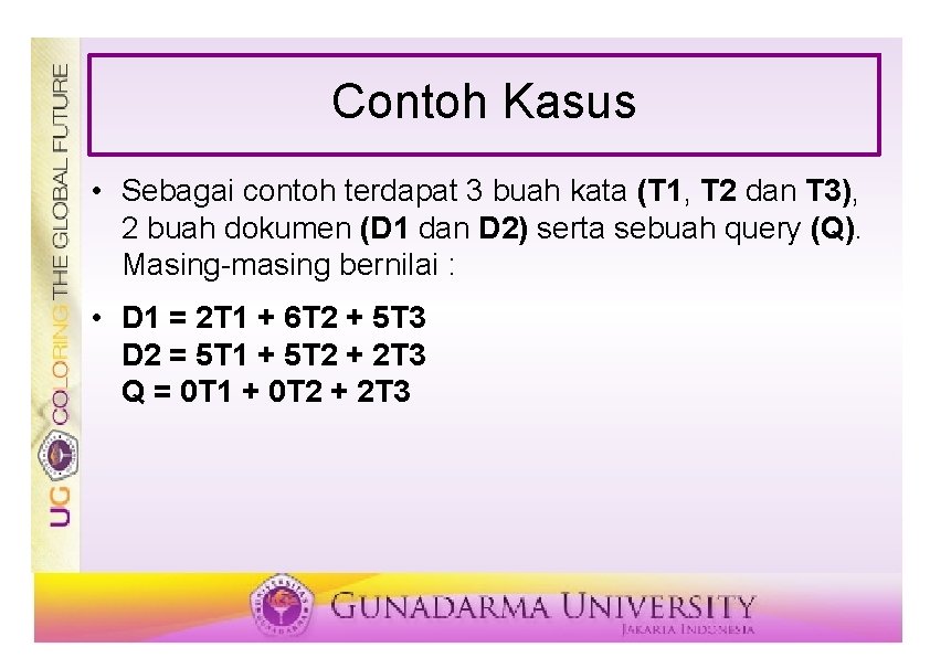Contoh Kasus • Sebagai contoh terdapat 3 buah kata (T 1, T 2 dan