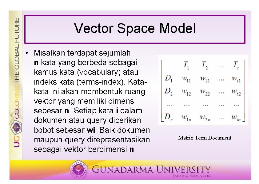 Vector Space Model • Misalkan terdapat sejumlah n kata yang berbeda sebagai kamus kata