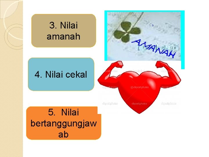 3. Nilai amanah 4. Nilai cekal 5. Nilai bertanggungjaw ab 