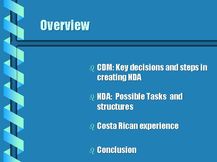 Overview b CDM: Key decisions and steps in creating NDA b NDA: Possible Tasks