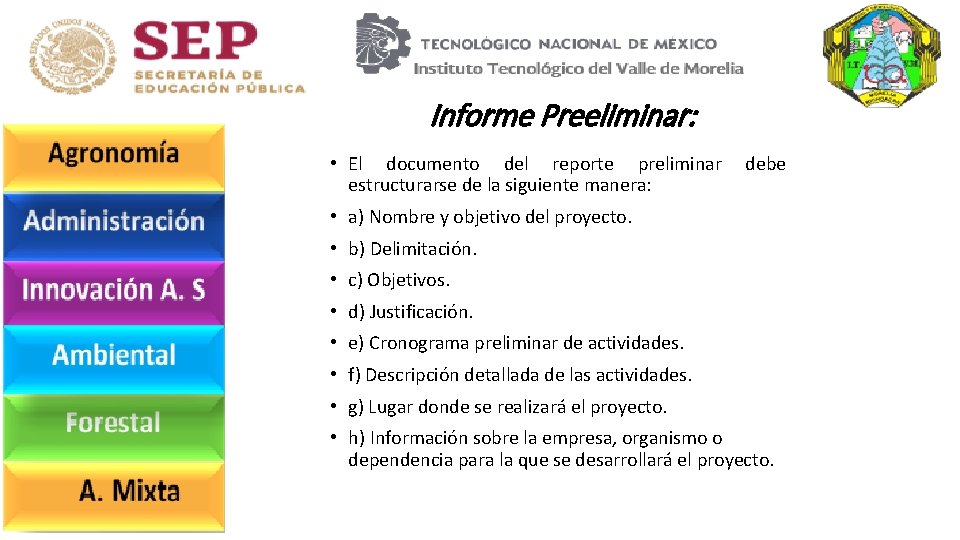 Informe Preeliminar: • El documento del reporte preliminar estructurarse de la siguiente manera: debe