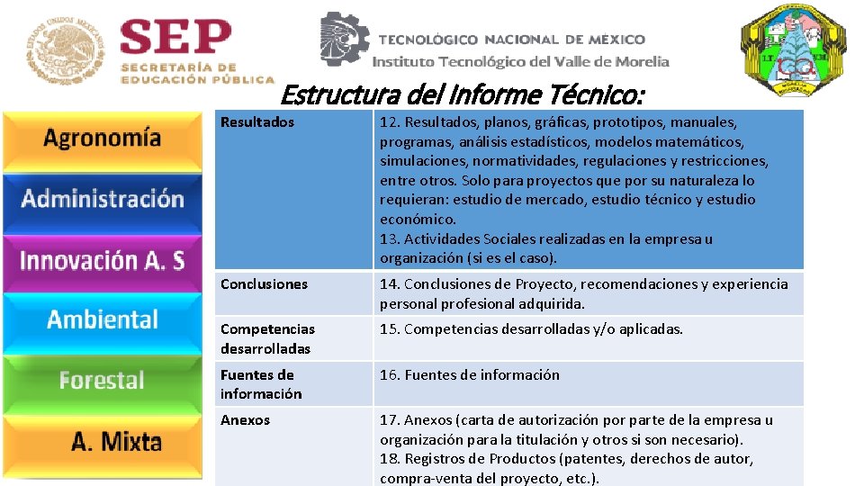 Estructura del Informe Técnico: Resultados 12. Resultados, planos, gráficas, prototipos, manuales, programas, análisis estadísticos,