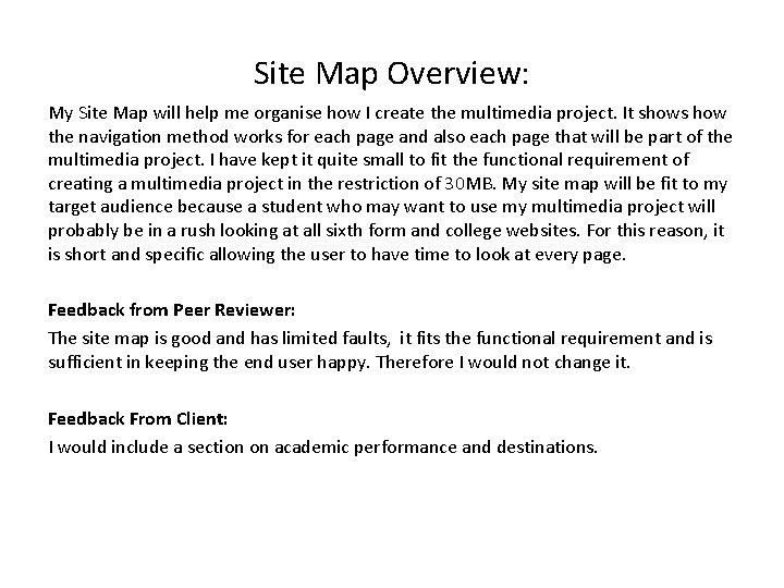 Site Map Overview: My Site Map will help me organise how I create the