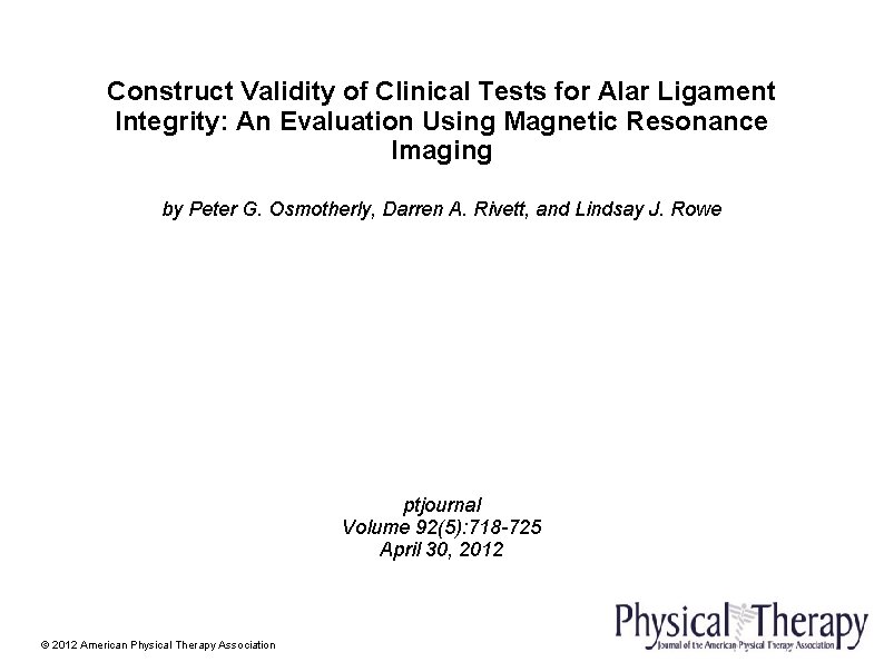 Construct Validity of Clinical Tests for Alar Ligament Integrity: An Evaluation Using Magnetic Resonance