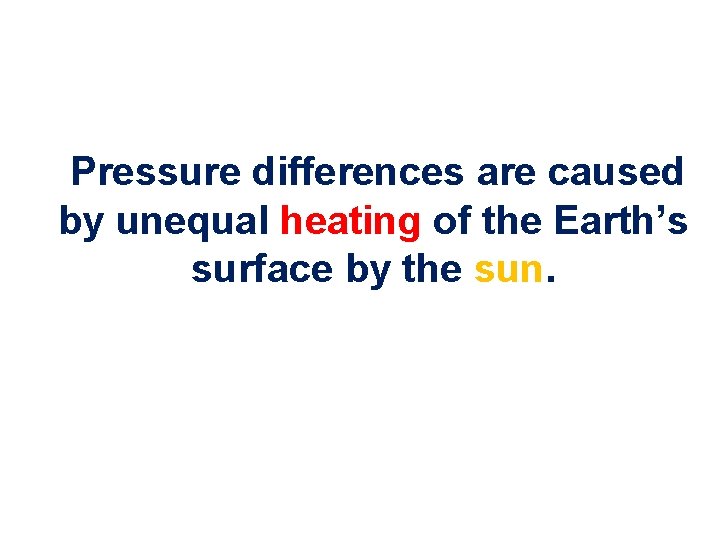 Pressure differences are caused by unequal heating of the Earth’s surface by the sun.