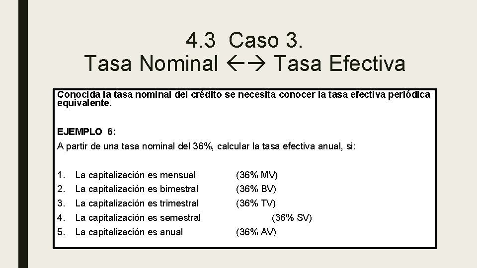 4. 3 Caso 3. Tasa Nominal Tasa Efectiva Conocida la tasa nominal del crédito