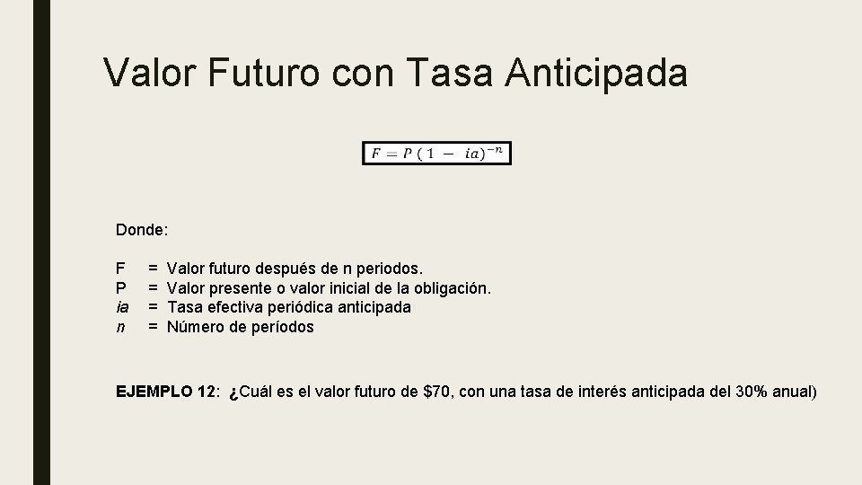 Valor Futuro con Tasa Anticipada Donde: F P ia n = = Valor futuro