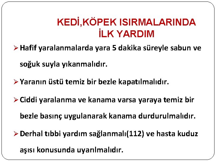 KEDİ, KÖPEK ISIRMALARINDA İLK YARDIM Ø Hafif yaralanmalarda yara 5 dakika süreyle sabun ve