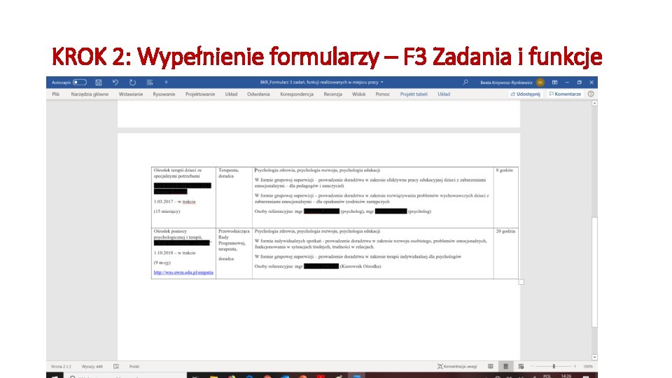 KROK 2: Wypełnienie formularzy – F 3 Zadania i funkcje 