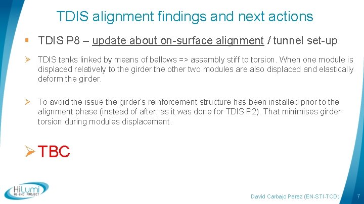 TDIS alignment findings and next actions § TDIS P 8 – update about on-surface