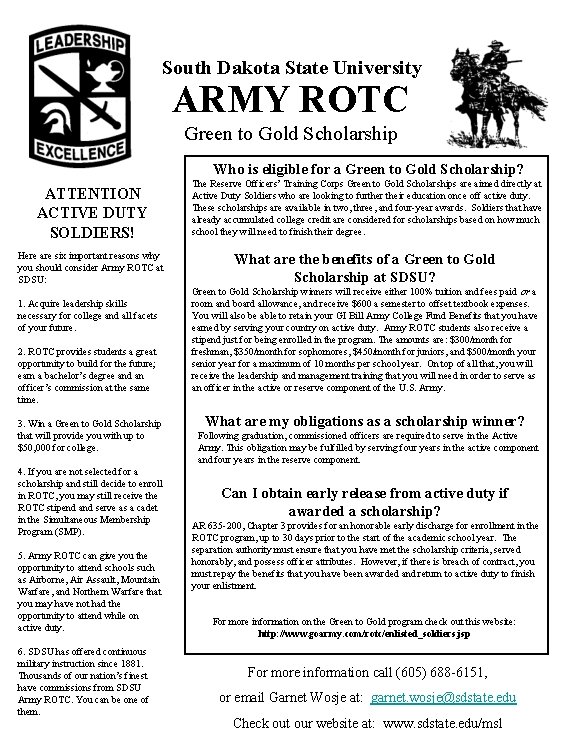 South Dakota State University ARMY ROTC Green to Gold Scholarship Who is eligible for