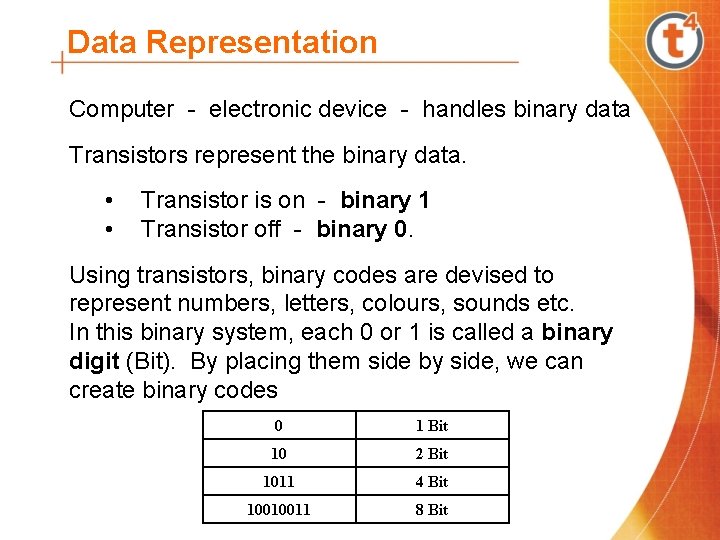 Data Representation Computer - electronic device - handles binary data Transistors represent the binary