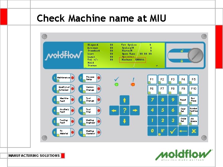 Check Machine name at MIU Elapsed Average Standard Last Limit Tol +/Mold Status :
