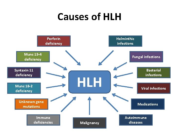 Causes of HLH Perforin deficiency Helminthic infections Munc 13 -4 deficiency Syntaxin 11 deficiency