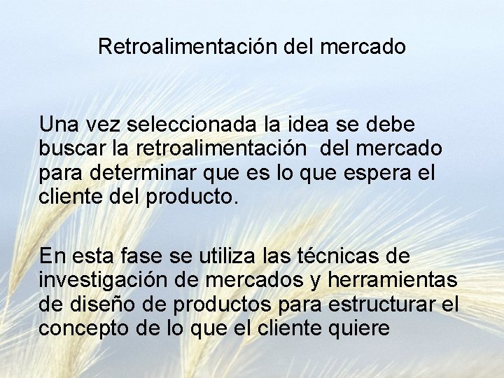 Retroalimentación del mercado Una vez seleccionada la idea se debe buscar la retroalimentación del