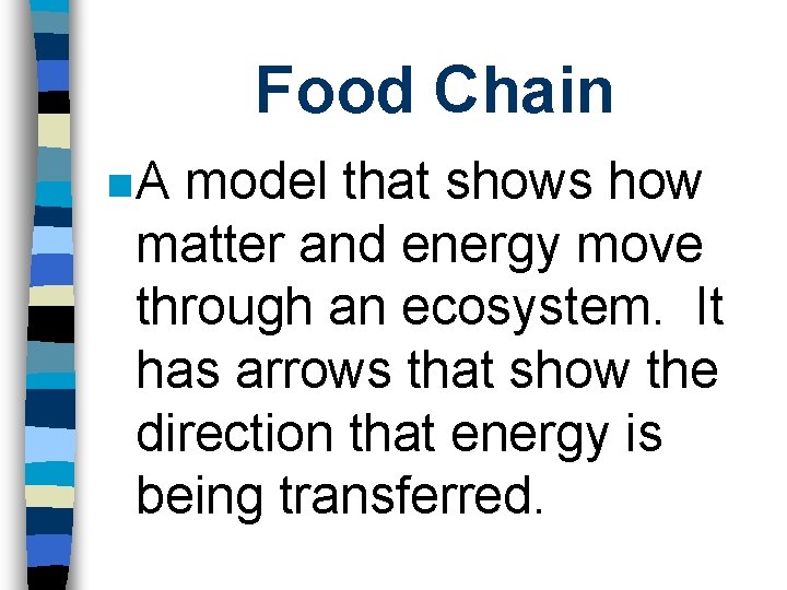 Food Chain n. A model that shows how matter and energy move through an