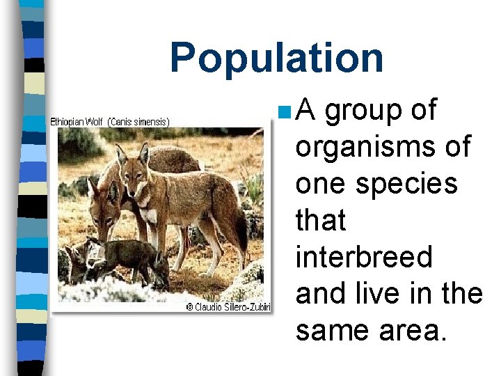 Population n. A group of organisms of one species that interbreed and live in