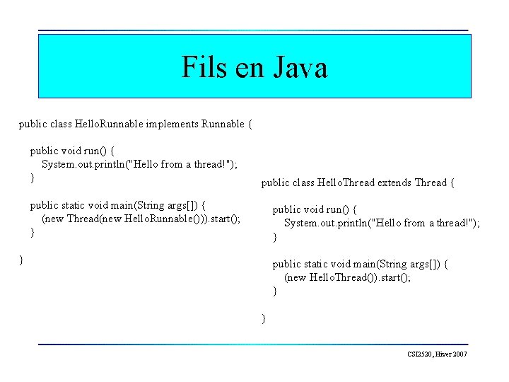 Fils en Java public class Hello. Runnable implements Runnable { public void run() {