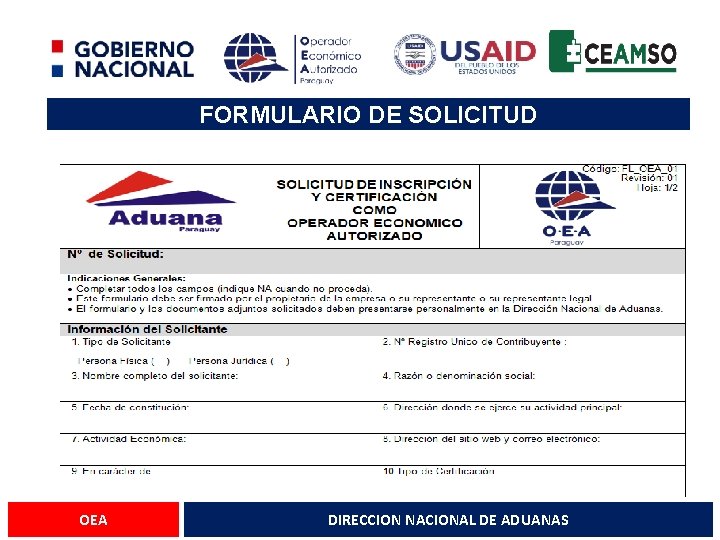 FORMULARIO DE SOLICITUD OEA DIRECCION NACIONAL DE ADUANAS 