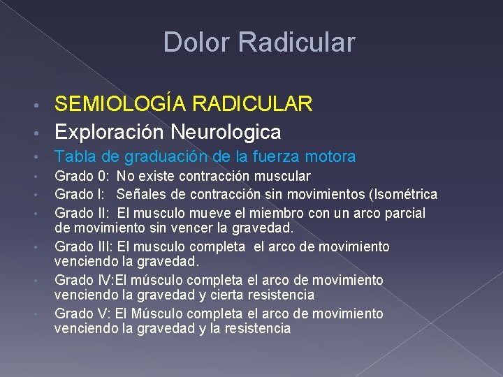 Dolor Radicular SEMIOLOGÍA RADICULAR • Exploración Neurologica • • Tabla de graduación de la