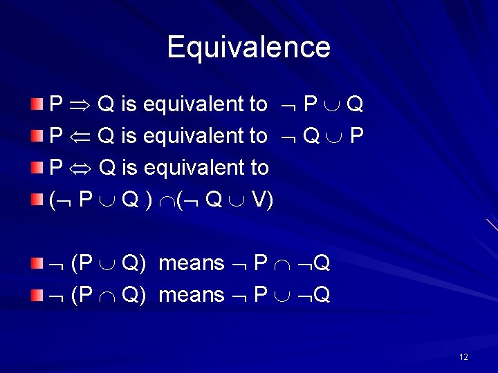 Equivalence P Q is equivalent to Q P P Q is equivalent to (