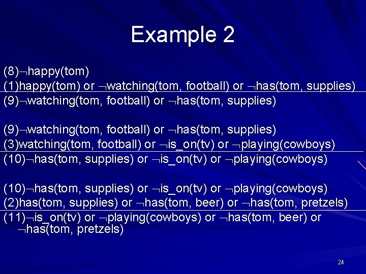 Example 2 (8) happy(tom) (1)happy(tom) or watching(tom, football) or has(tom, supplies) (9) watching(tom, football)