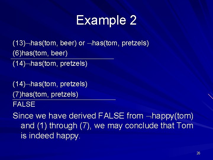 Example 2 (13) has(tom, beer) or has(tom, pretzels) (6)has(tom, beer) (14) has(tom, pretzels) (7)has(tom,