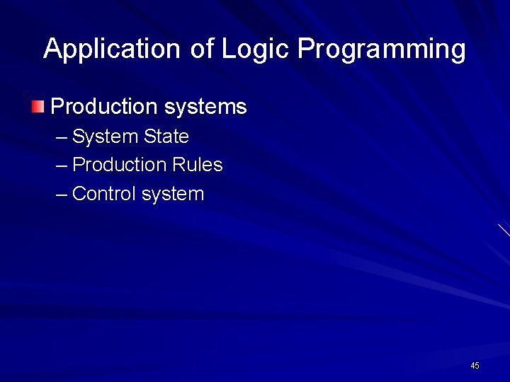 Application of Logic Programming Production systems – System State – Production Rules – Control