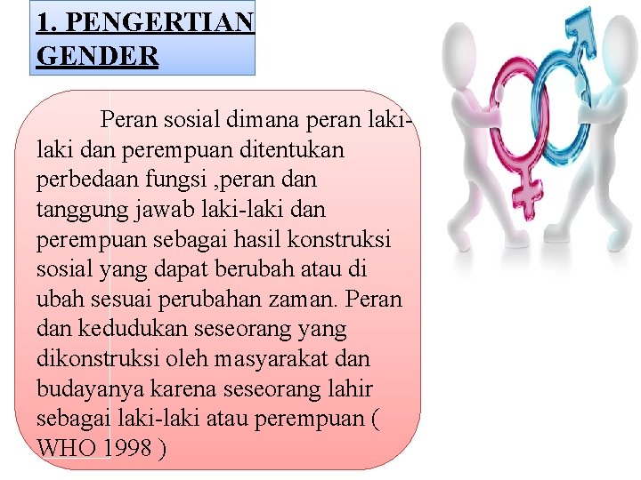 1. PENGERTIAN GENDER Peran sosial dimana peran laki dan perempuan ditentukan perbedaan fungsi ,