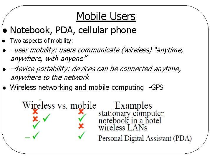 Mobile Users l Notebook, PDA, cellular phone l Two aspects of mobility: l –user