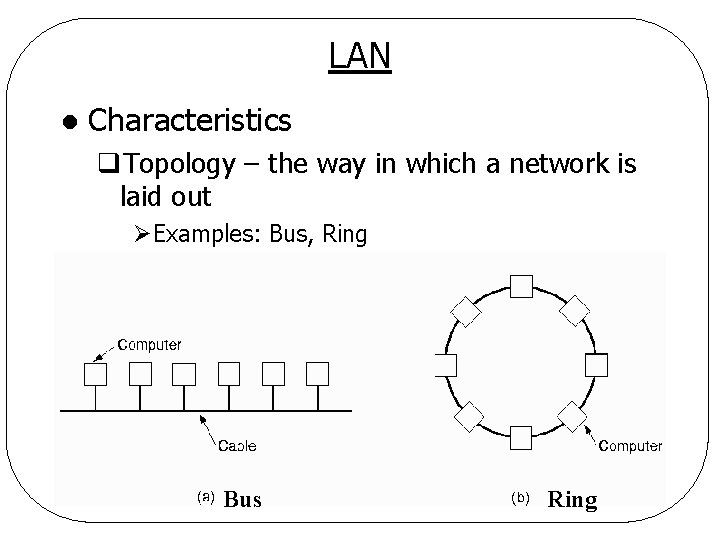 LAN l Characteristics q. Topology – the way in which a network is laid