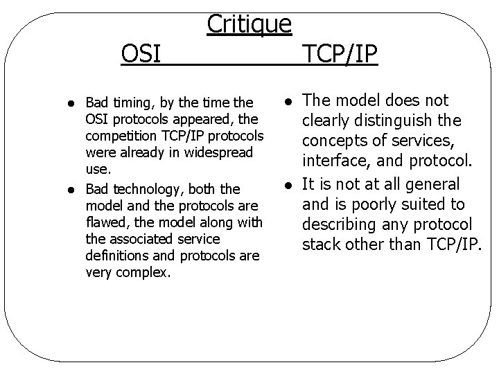 OSI l l Critique Bad timing, by the time the OSI protocols appeared, the
