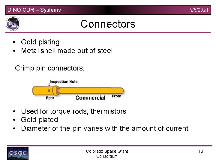 DINO CDR – Systems 9/5/2021 Connectors • Gold plating • Metal shell made out