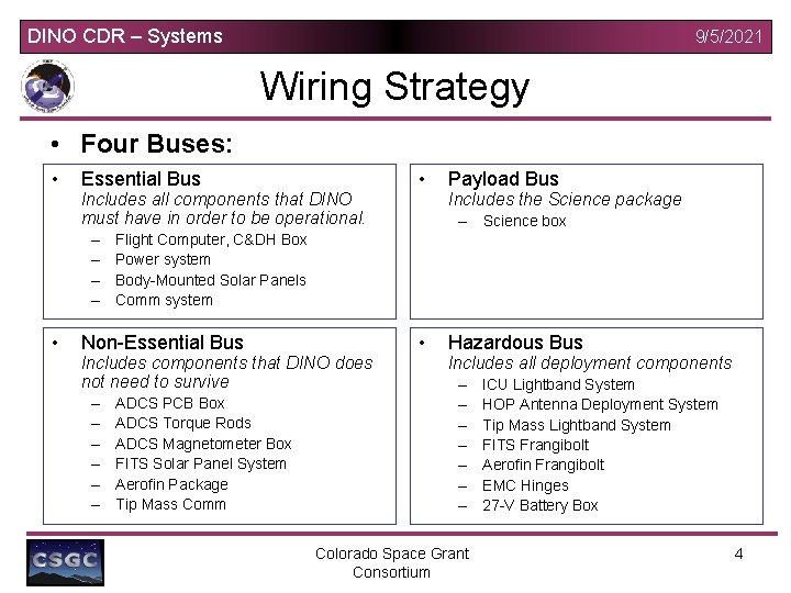 DINO CDR – Systems 9/5/2021 Wiring Strategy • Four Buses: • Essential Bus Includes